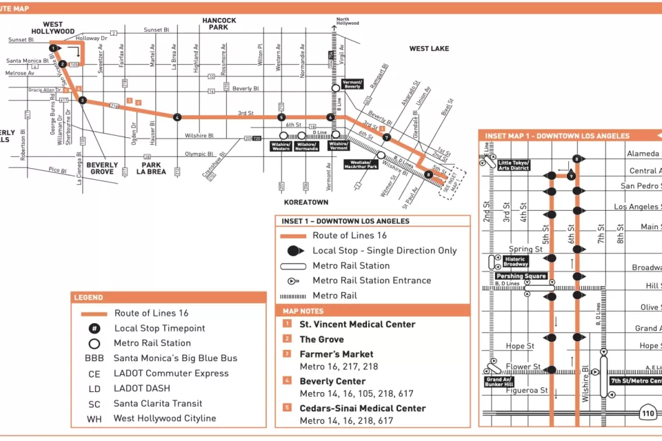 A map of the route the 16 bus takes along 3rd Street across Los Angeles.